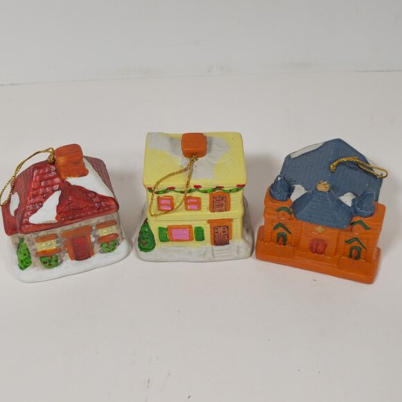 Vintage Ceramic Christmas Cottage With Bells Ornament Set - Picture 1 of 16